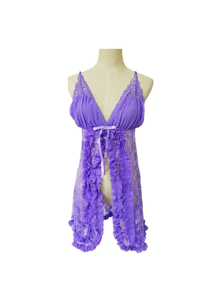 Women Transparent Lace Flower Bowknot Night Dress Babydoll.