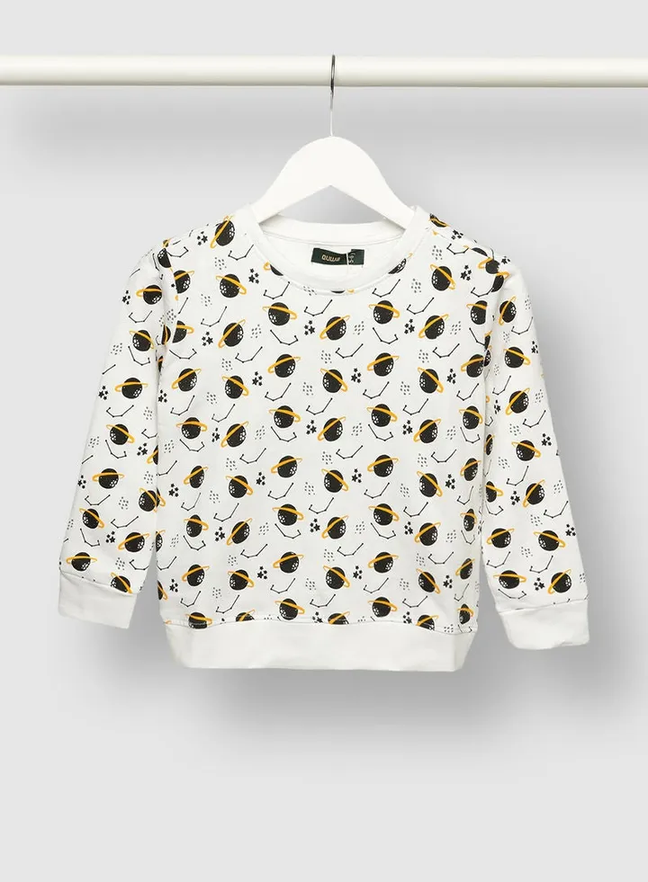 Boys Comfortable All Over Printed Cotton Casual Sweatshirt White/Black