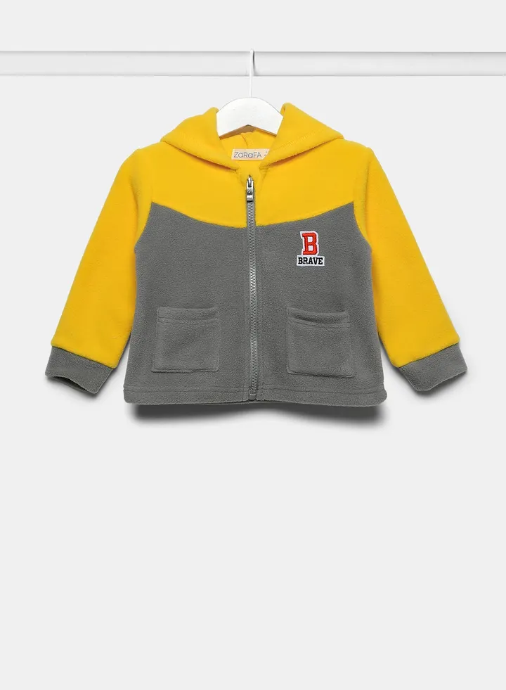 Boy Long Sleeve Zip Through Hoodie Dark Grey/yellow