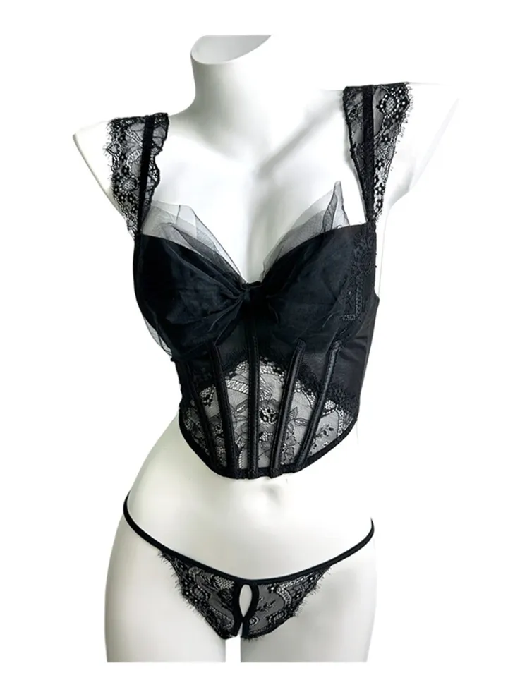 Mesh bow bra lace inner and fishbone bra corset bra