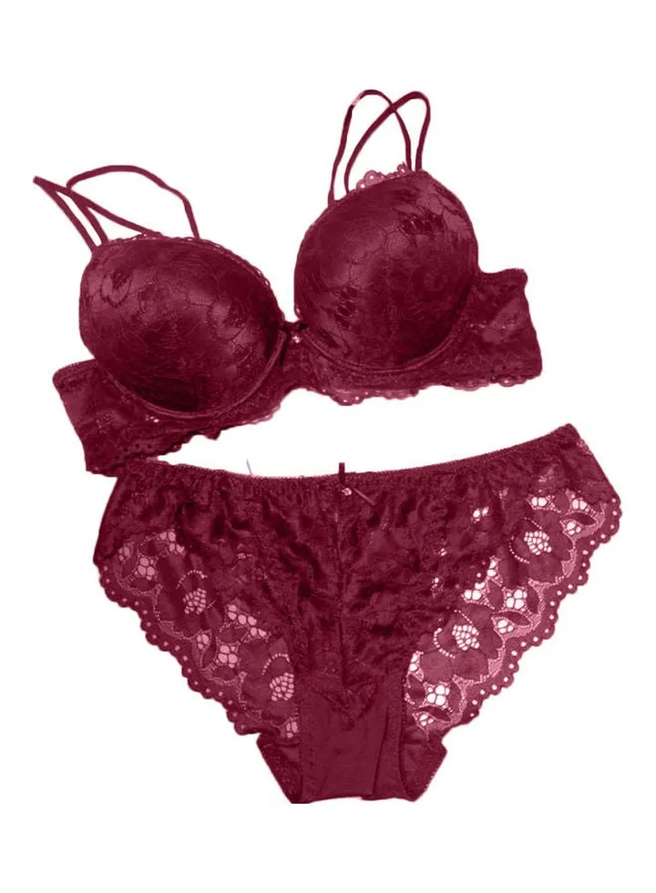 Women Underwear Set Floral Lace Wine Red