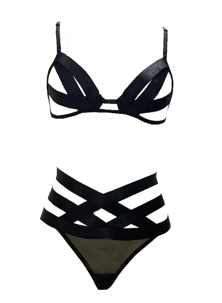 2pcs elastic underwear hollow suit black underwear