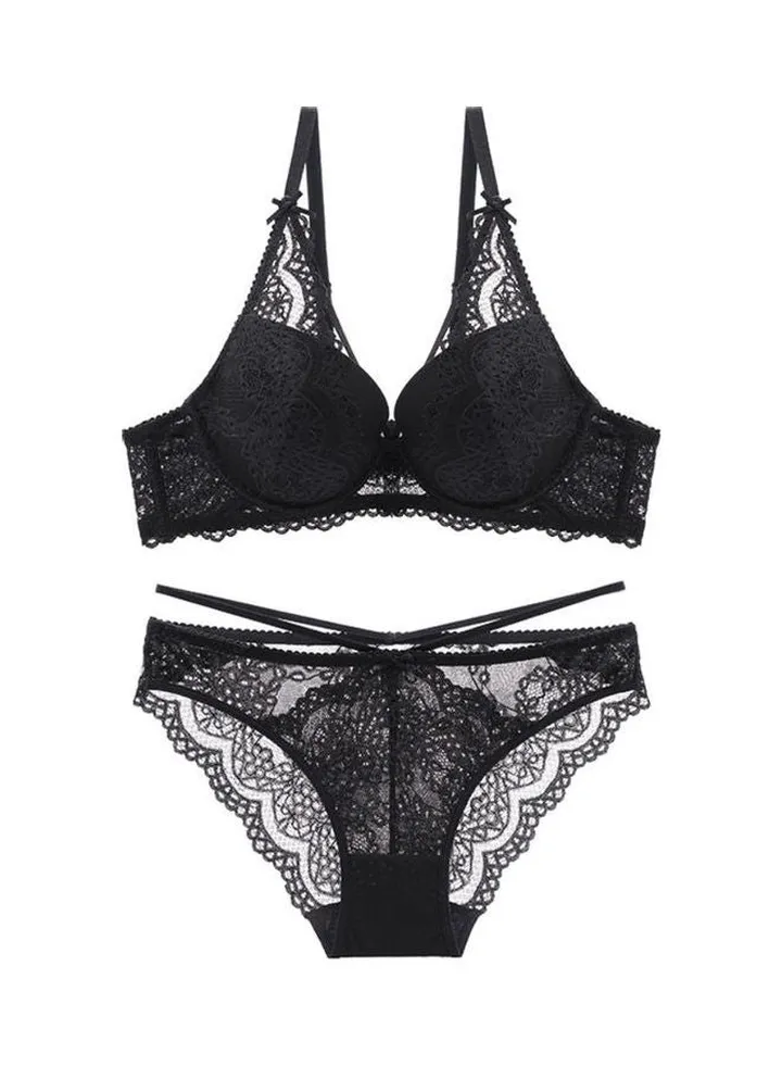 2-Piece Push Up Lace Underwear Set Black