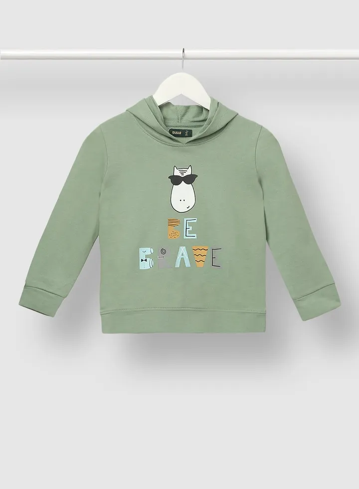 Trendy Boys Graphic Cotton Printed Casual Hoodie Olive