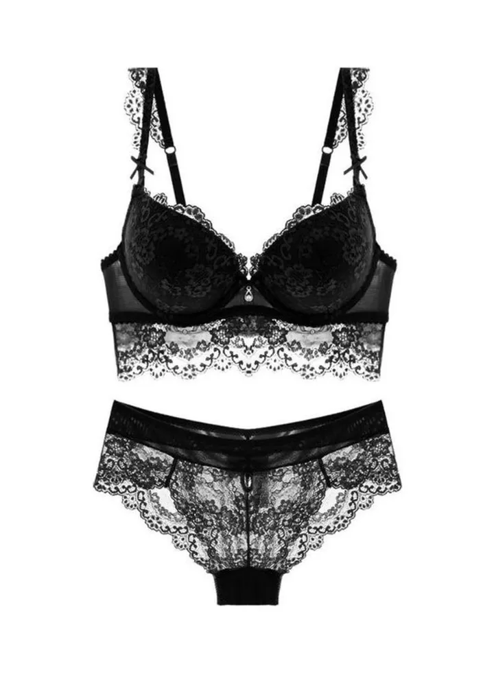 Floral Lace Detail Bra And Panty Set Black