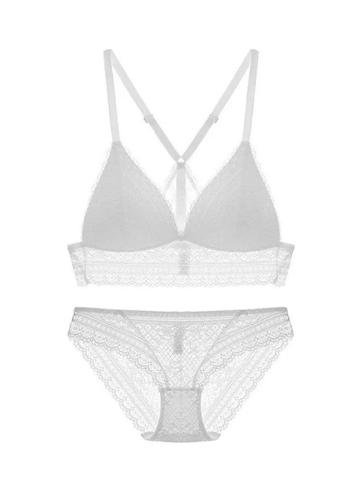 Floral Lace Detail Bra And Panty Set White
