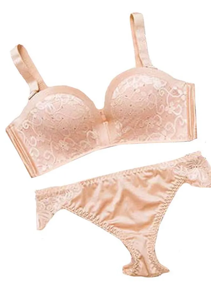 Floral Lace Detail Bra And Panty Set Beige