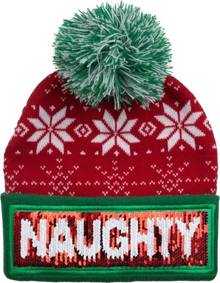 Naughty Nice Snowflake Reversible Red Knit Cap With Christmas Pom