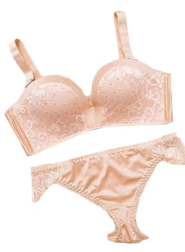 Floral Lace Detail Bra And Panty Set Beige