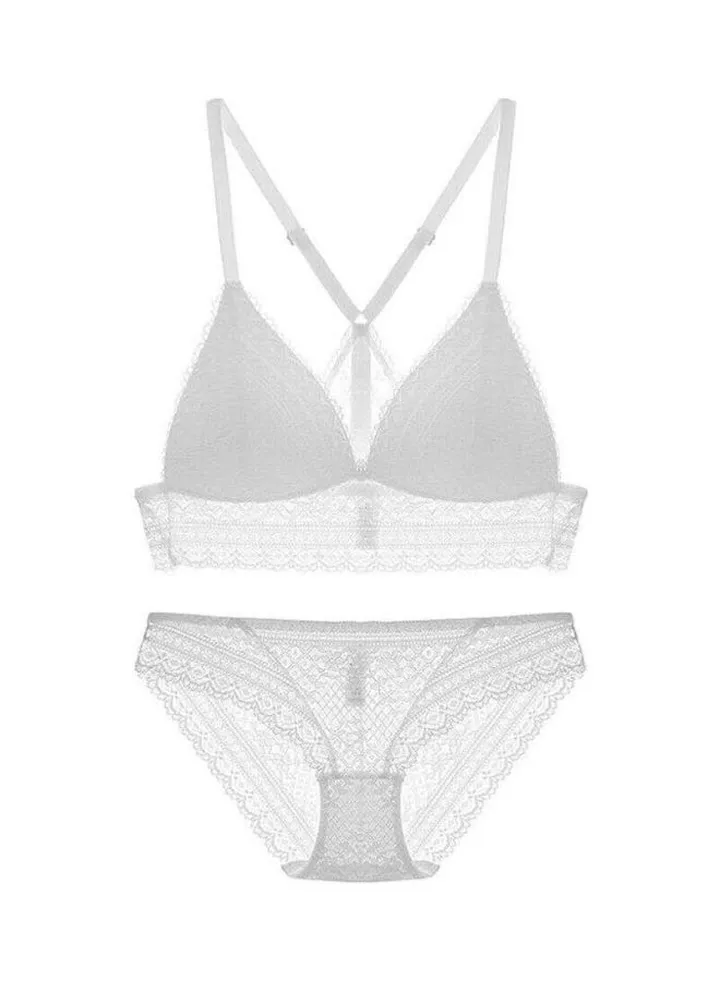 Floral Lace Detail Bra And Panty Set White