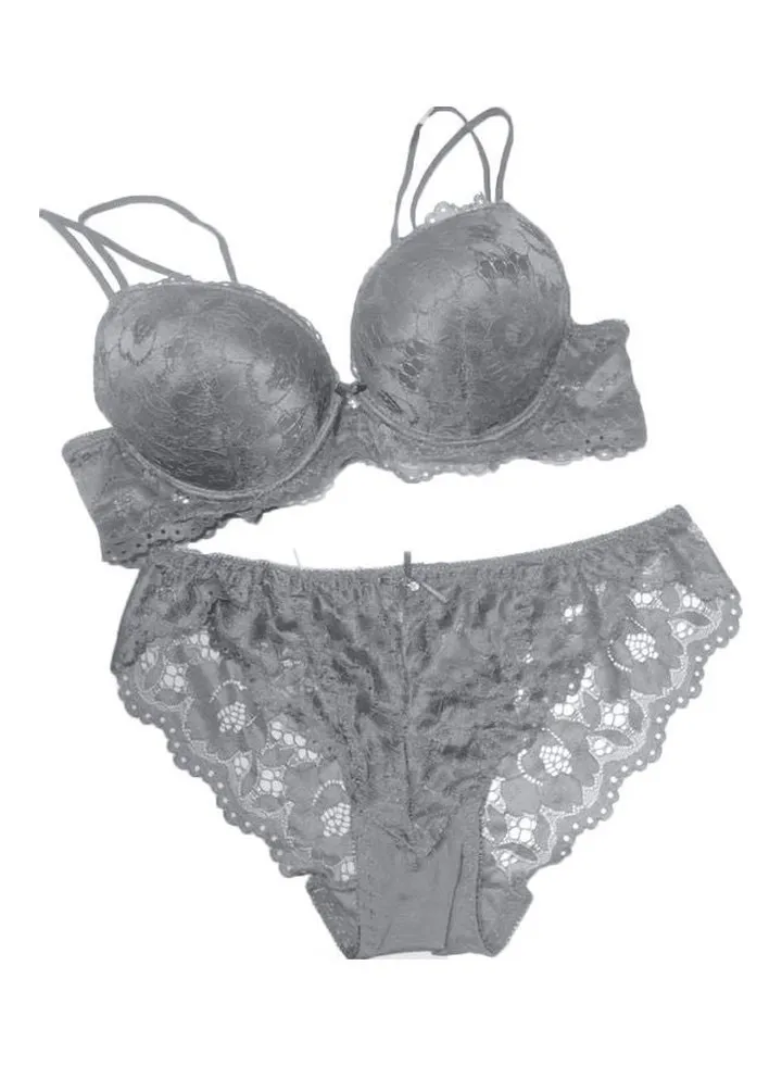 Women Underwear Set Floral Lace Rhinestone Decor Push Up Bra Panties Briefs Grey