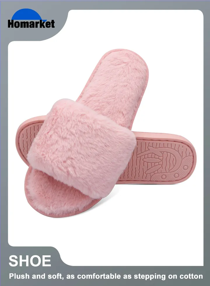Plush Bedroom Slippers Women's Fuzzy Cozy Flat Spa Slide Slippers Comfort Open Toe Slip On House Shoes Sandals