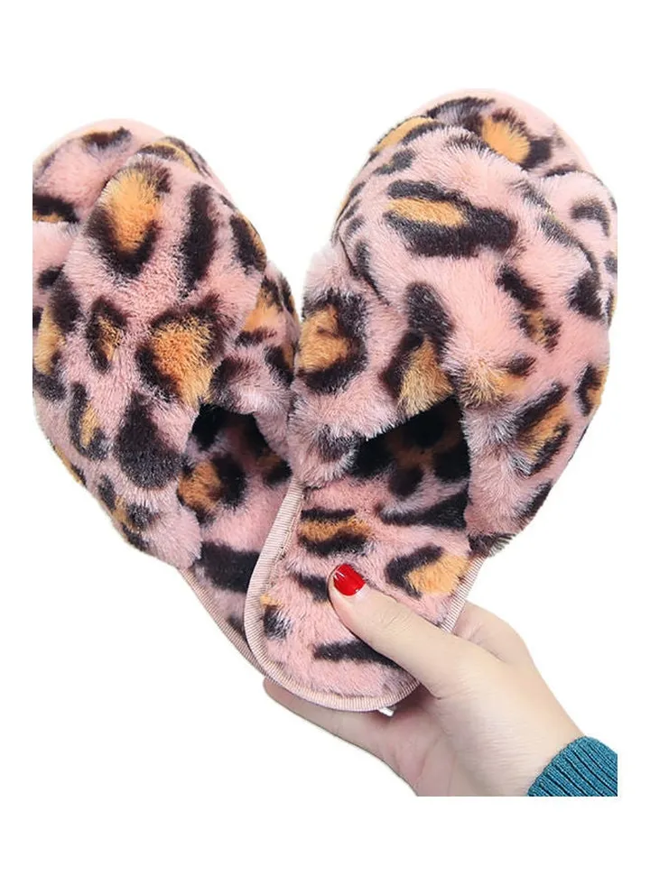 Women Leopard Cross Band Soft Plush Fluffy Warm Bedroom Slippers Pink/Black/Brown