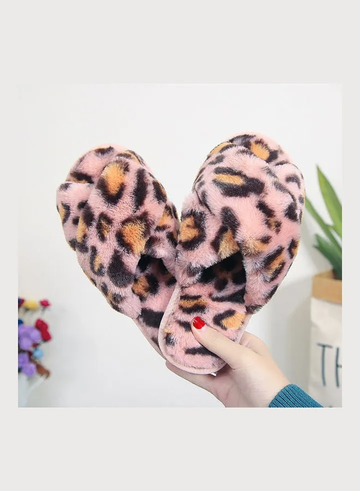 Women Leopard Cross Band Soft Plush Fluffy Warm Bedroom Slippers Pink/Black/Brown