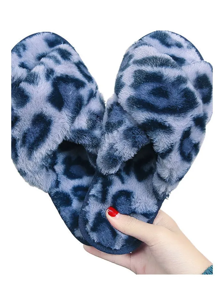 Women Leopard Cross Band Soft Plush Fluffy Warm Bedroom Slippers Blue/Black