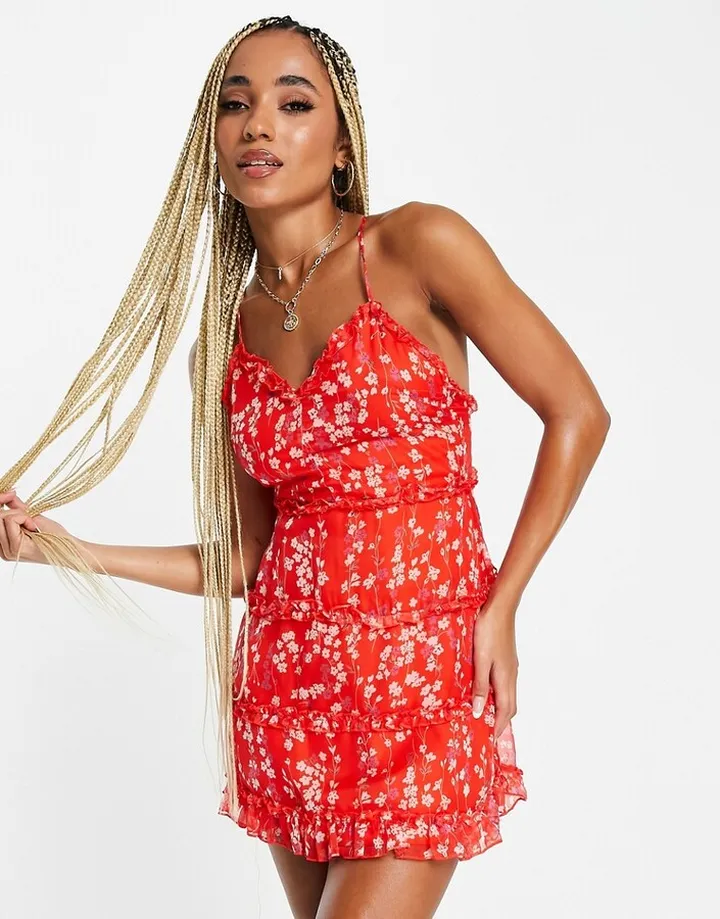 Parisian tiered mini dress in red floral