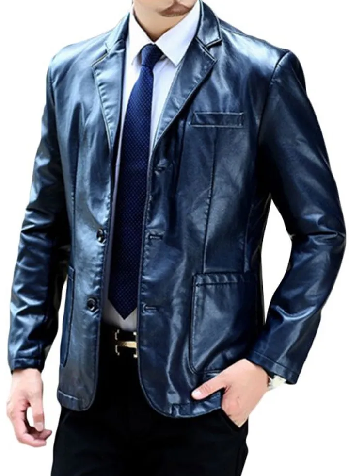 Solid Casual Leather Jacket Blue