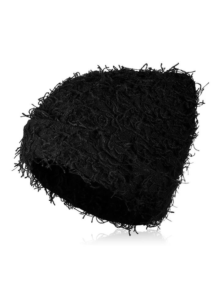 Unisex Distressed Balaclava Winter Warm Beanie, Fuzzy Snow Hats Thick Knit Cap, Winter Outdoor Cap for Men Women, Black