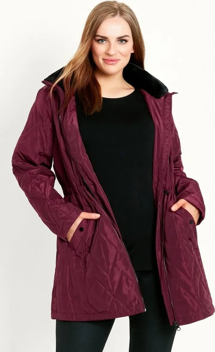 EVANS | Women's Plus Size Faux Fur Collar Padded Coat - wine - 14W