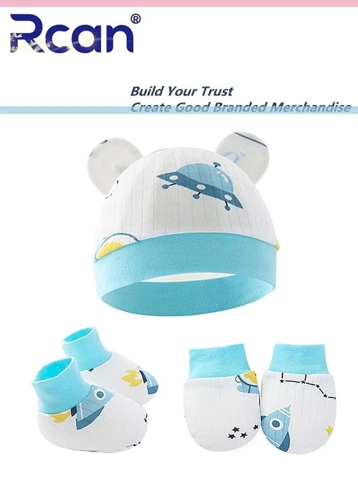 Newborn Cartoon Printing Windproof Protection Halogen Door Tire Cap Cotton 3 Pieces Gloves Foot Cover Hat Suit Baby Boy 0-6 Months