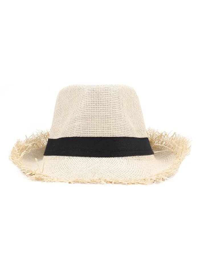 Straw Fedora Raw Brim Fringing Hat Beige/Black
