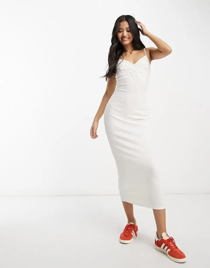 Miss Selfridge lace trim ribbed cami mini dress in off white