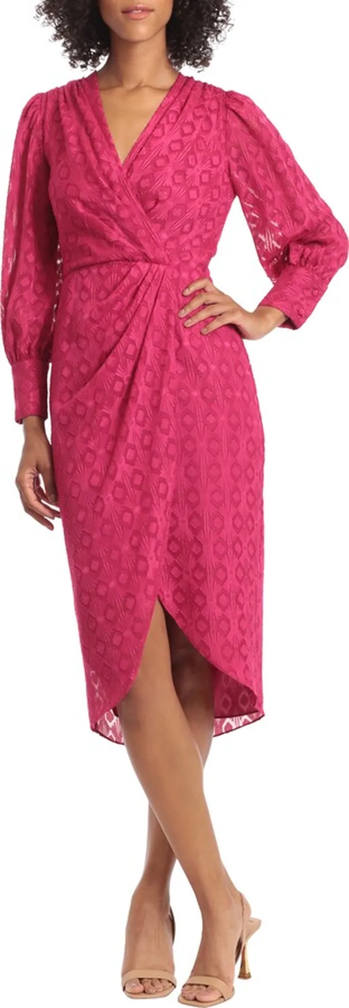 Long Sleeve Jacquard Faux Wrap Midi Dress
