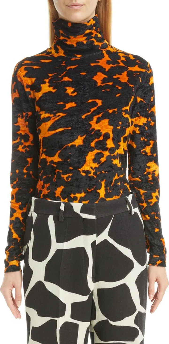 Heyser Print Crushed Velvet Jersey Turtleneck Top