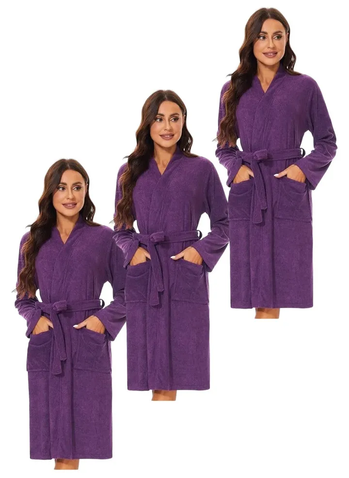 3 Pieces Purple Colour Soft Sleepwear Belted Bathrobe XXL Size With Pockets