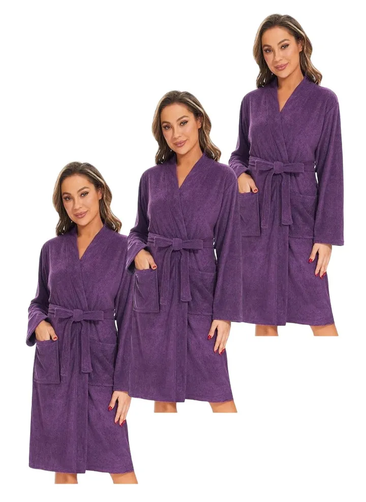 3 Pieces Purple Colour Lightweight Cotton Summer Unisex Terry Spa Bathrobe XL Size