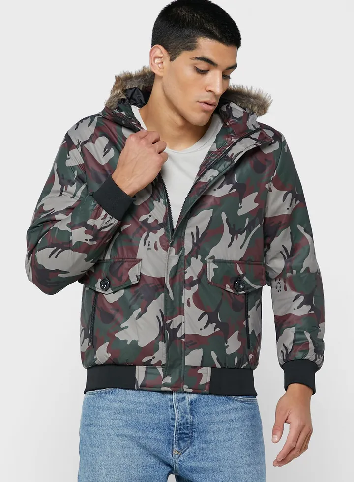 Camo Faux Fur Collar Jacket