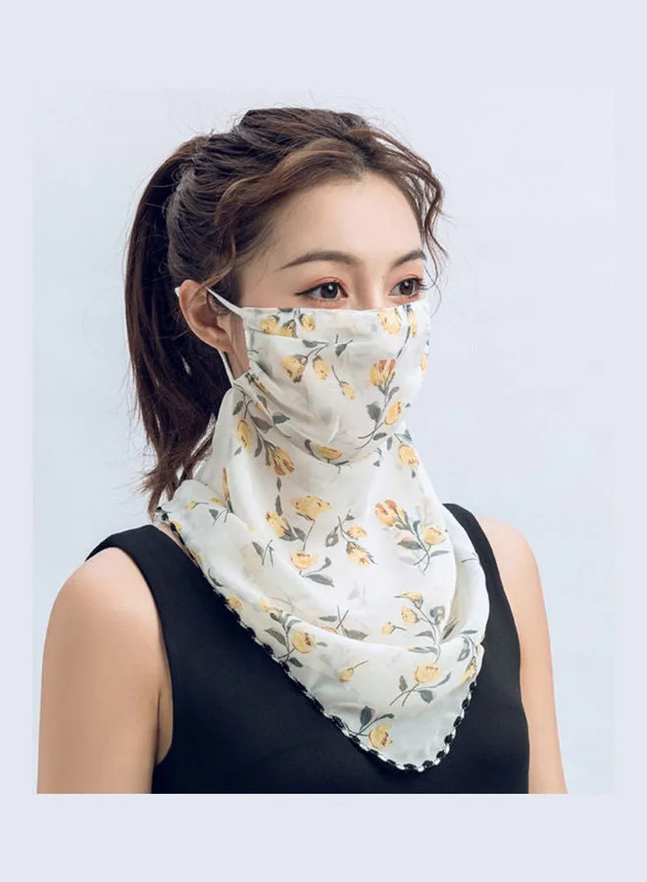 Women Summer Chiffon Face Shield Floral Print Sunscreen Dustproof Breathable Cycling Outdoors Multifucntional Neck Gaiter yellow&cream