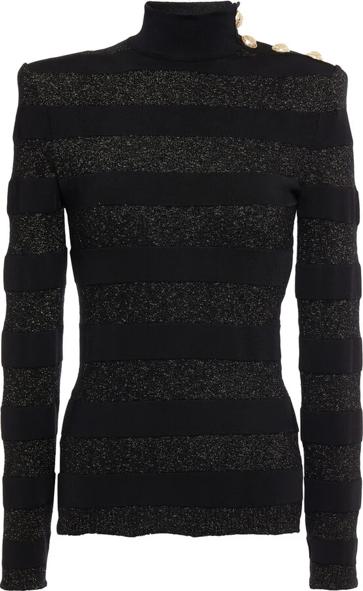 Embellished metallic striped ribbed-knit turtleneck sweater