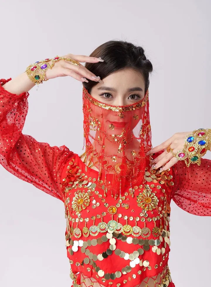Womens Belly Dance Sequin Face Veil Red