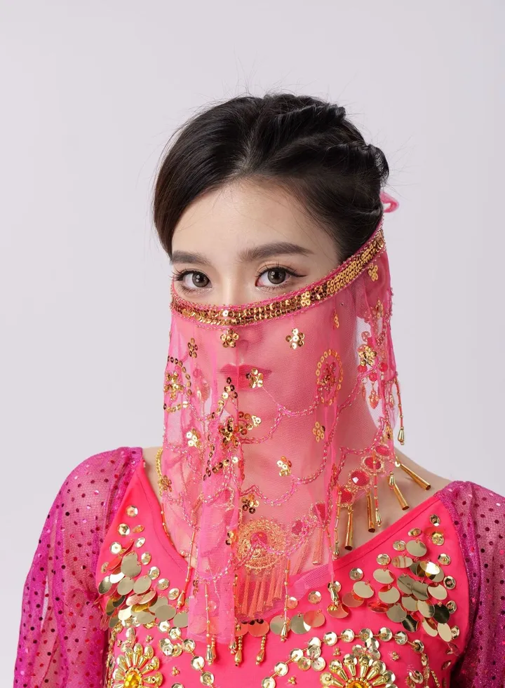 Womens Belly Dance Sequin Face Veil Rose Pink