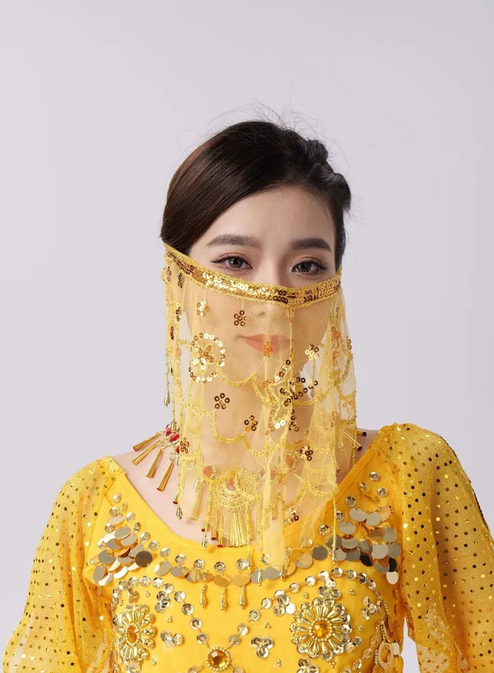 Womens Belly Dance Sequin Face Veil Yellow