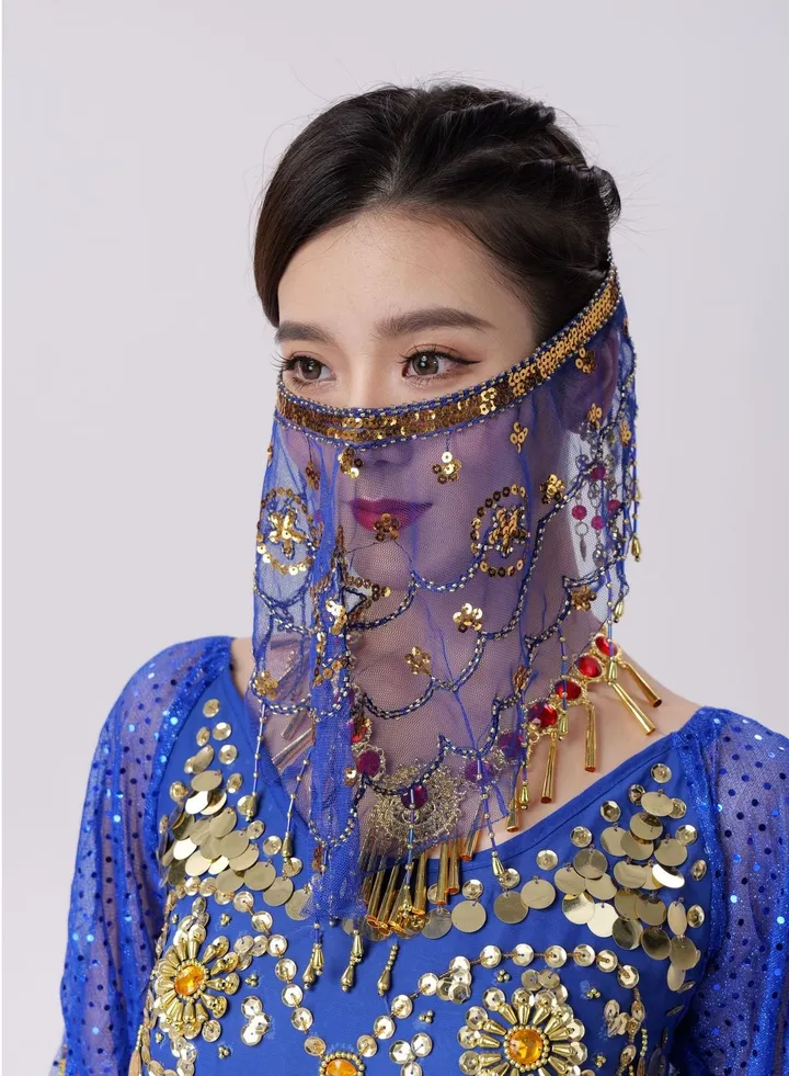 Womens Belly Dance Sequin Face Veil Dark Blue