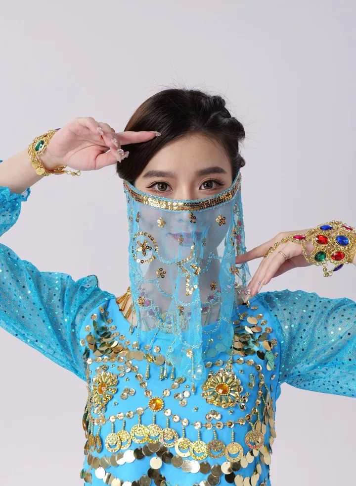 Womens Belly Dance Sequin Face Veil Lake Blue