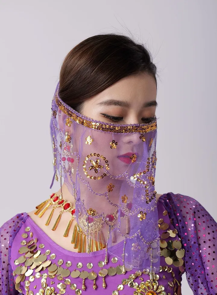 Womens Belly Dance Sequin Face Veil Purple