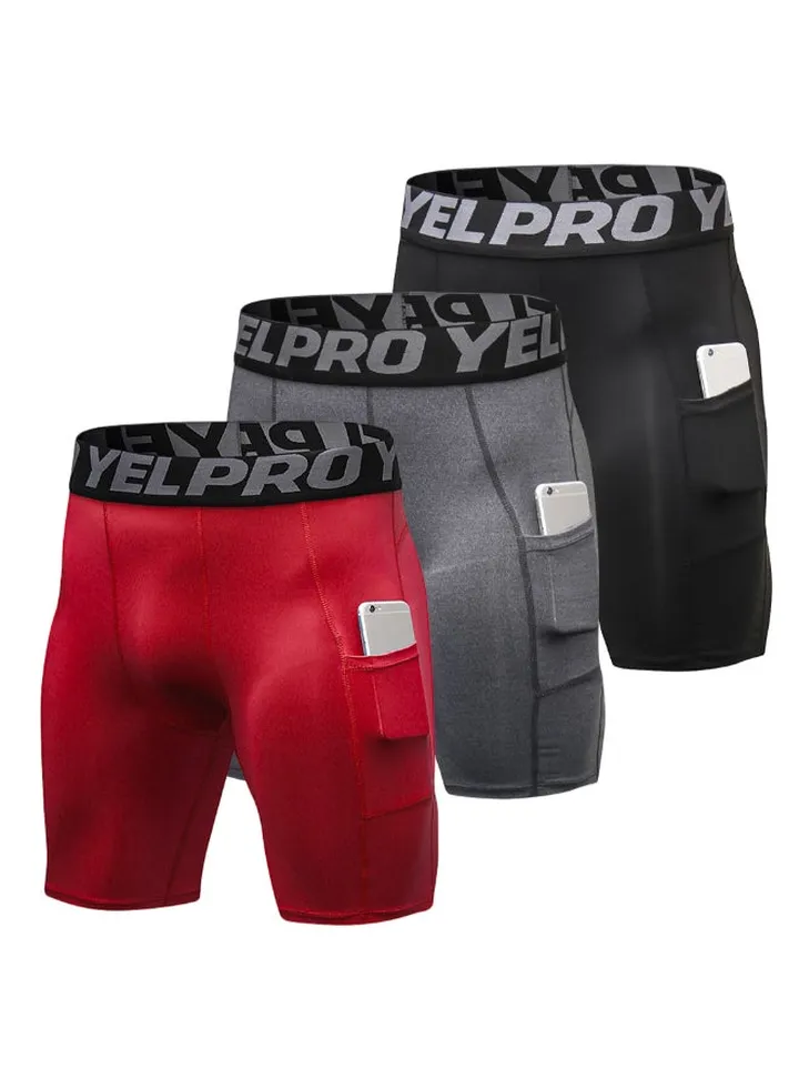 3-Piece Compression Side Pocket Workout Shorts Set Black/Dark Grey/Red