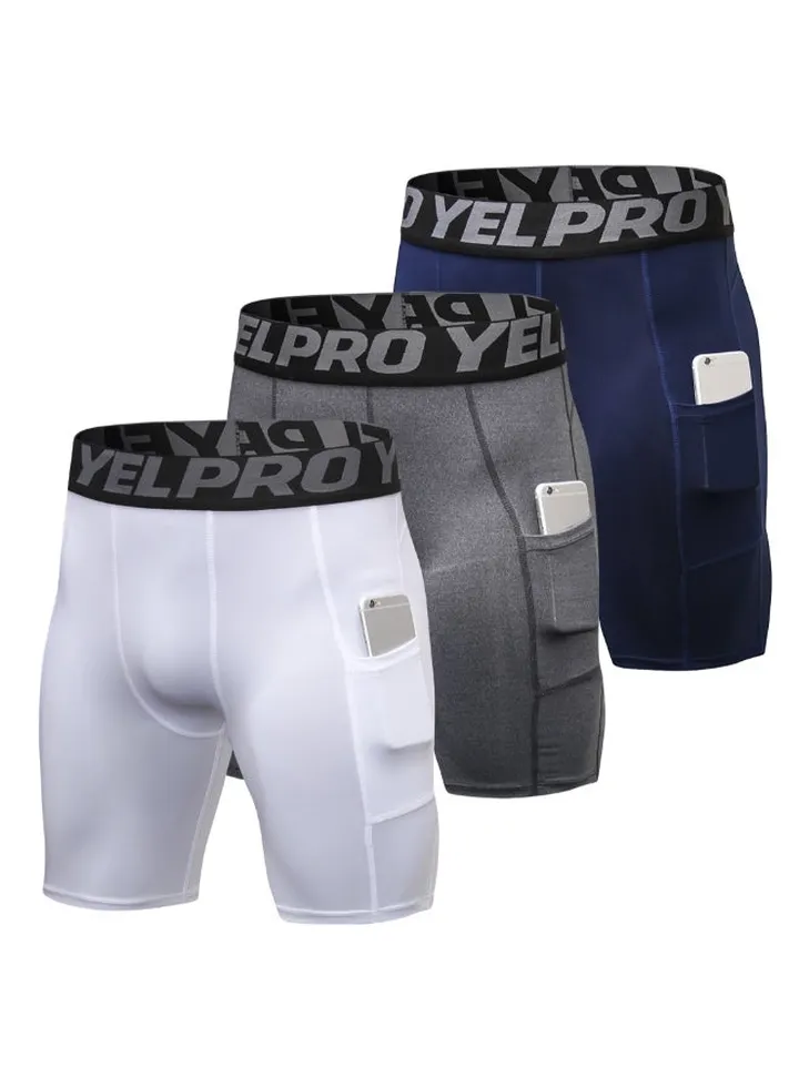 3-Piece Compression Workout Pocket Short Set White/Blue/Grey