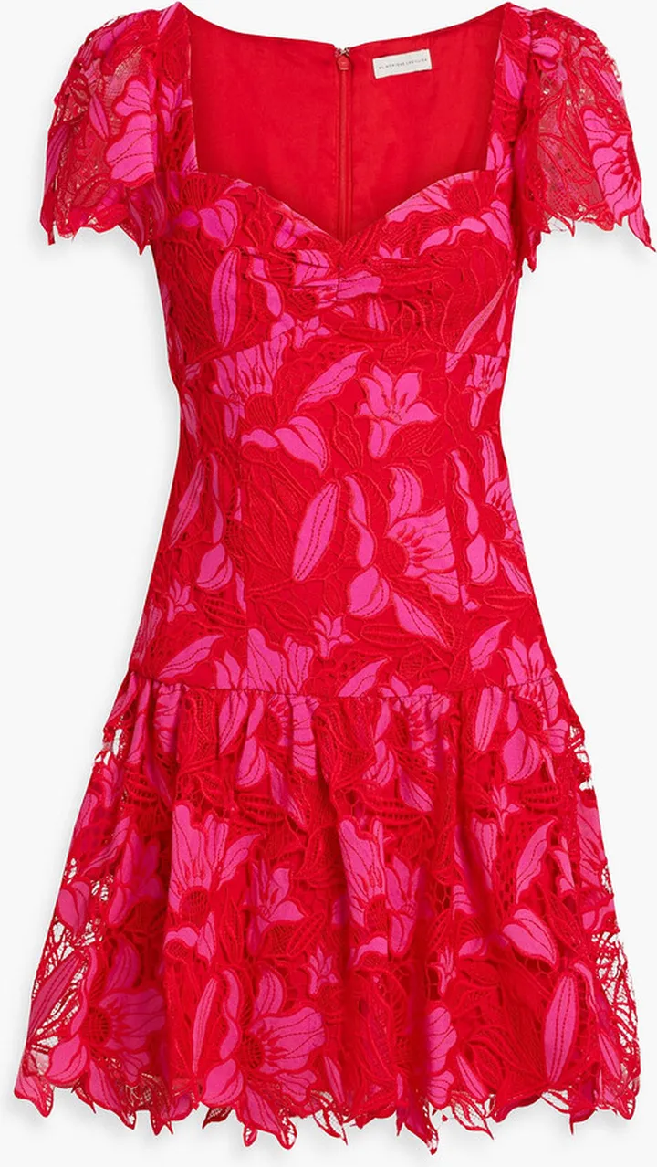 Gathered guipure lace mini dress