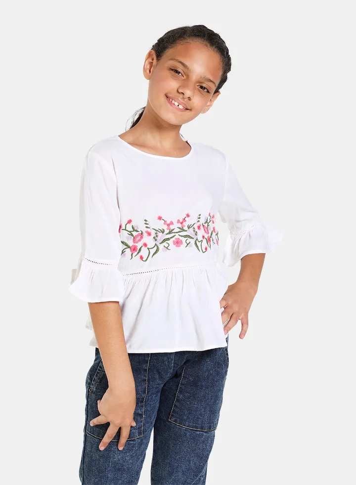 Round Neck Printed Blouse Top White