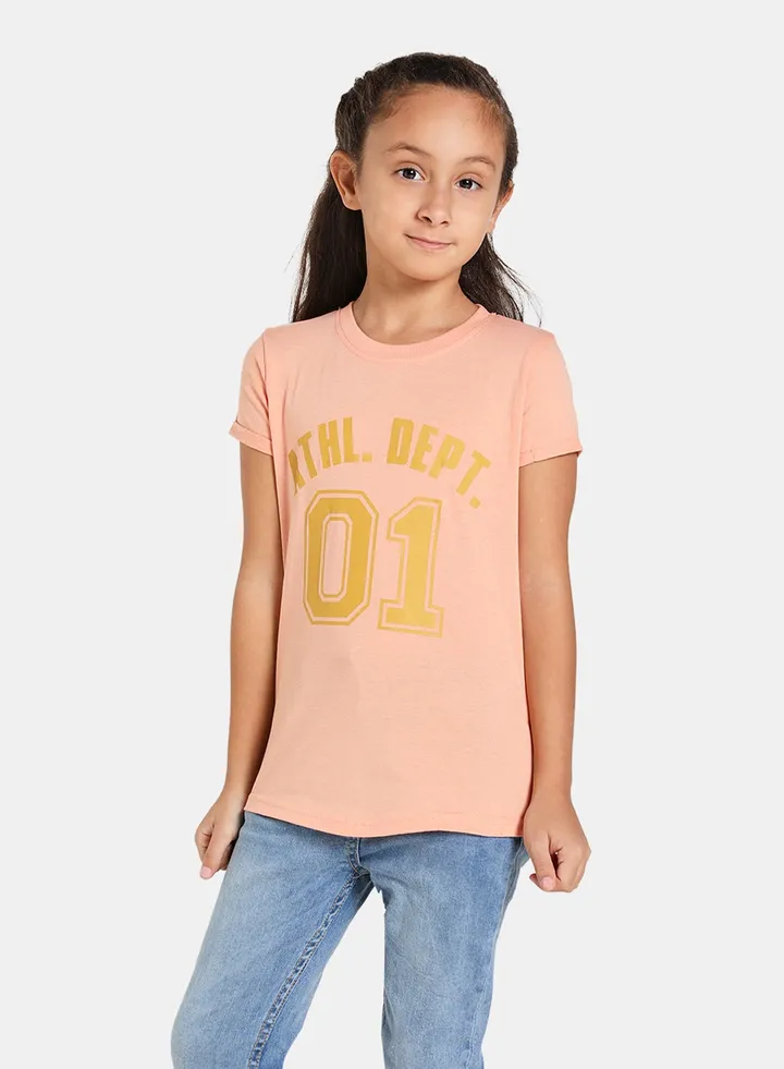 Girls Round Neck Short Sleeve T-Shirt Dark Pink