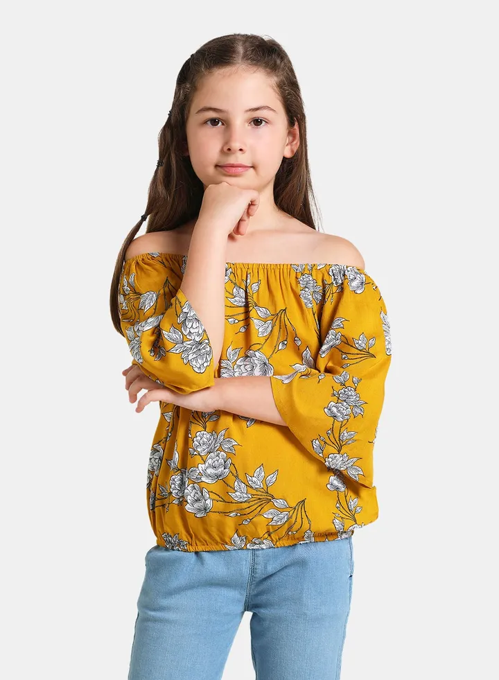 Frill Sleeve Blouse Top Yellow Floral