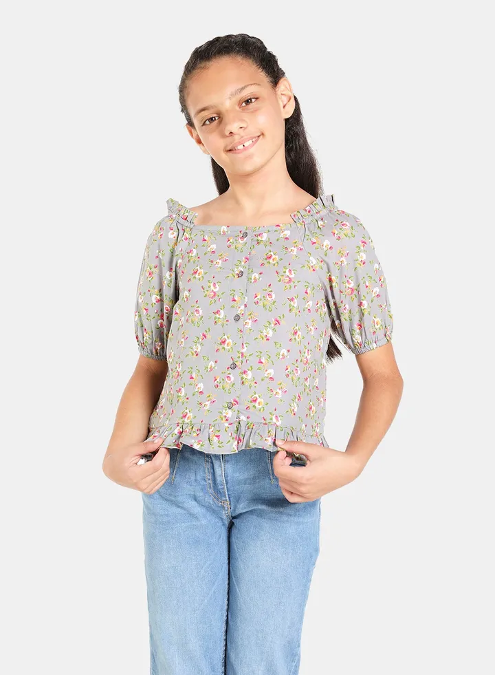 Puff Sleeve Printed Woven Blouse Top Grey