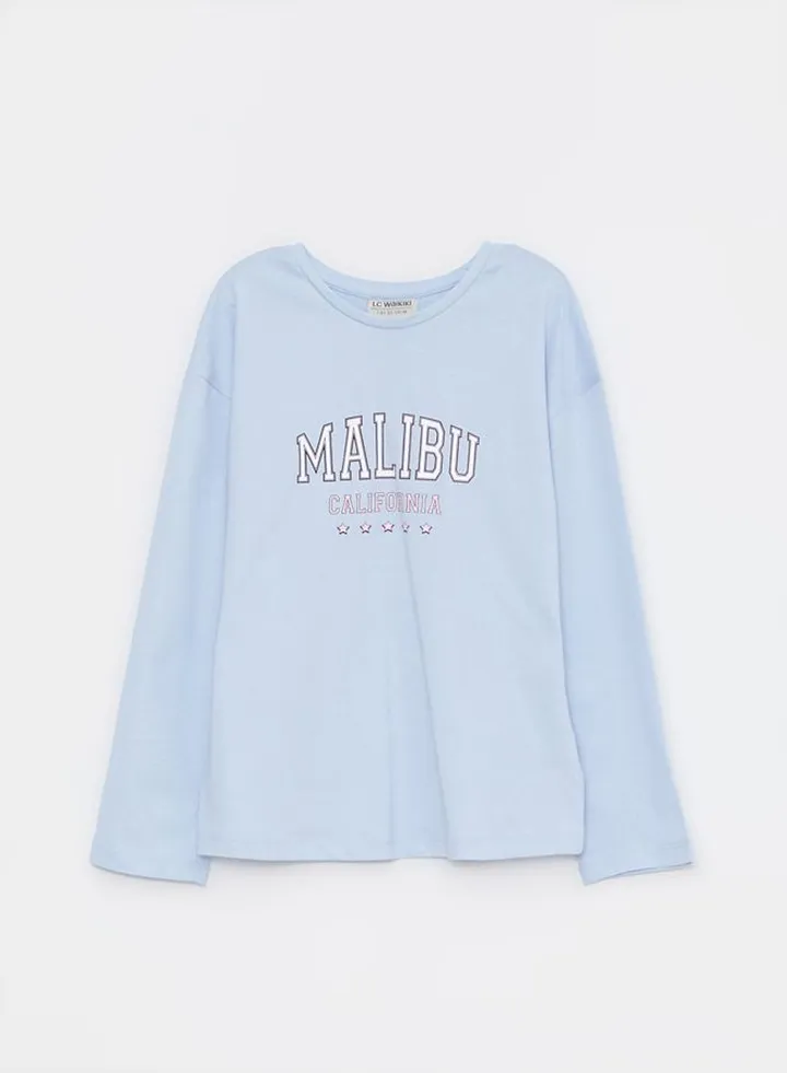 Crew Neck Printed Long Sleeve Cotton Girls T-Shirt