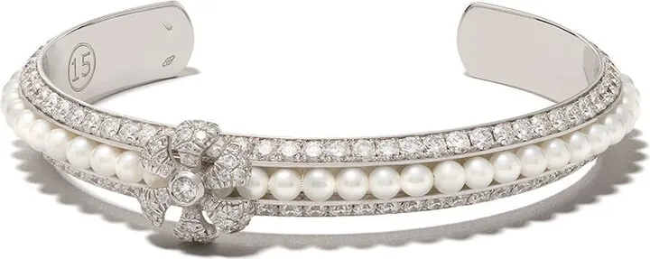18kt white gold Pearl Rose Flower Size 15 diamond bangle