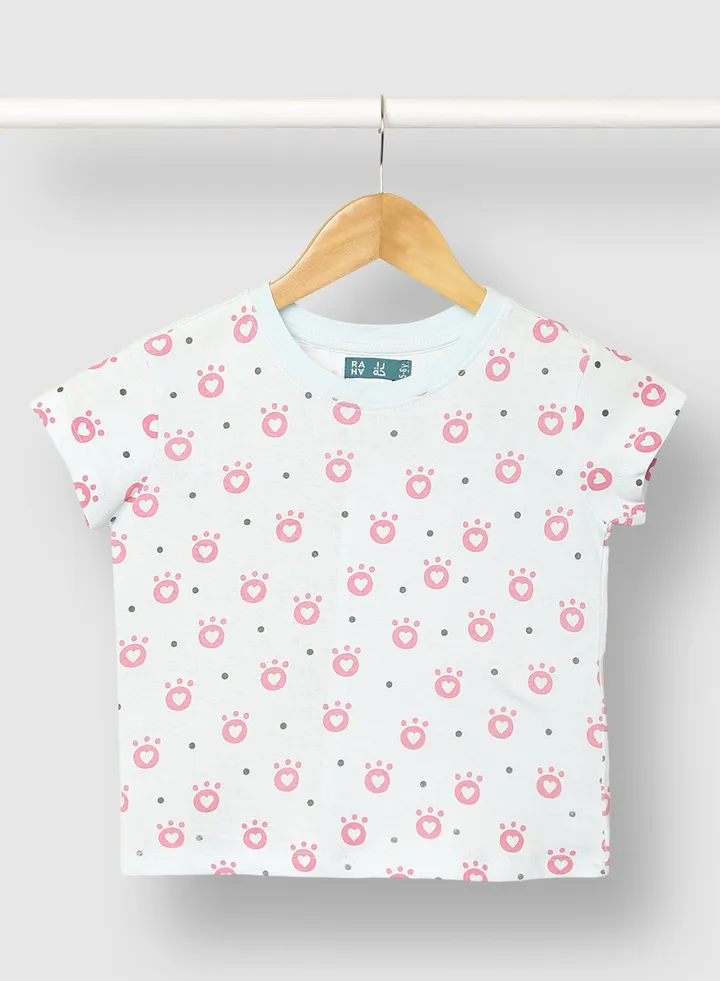 Girls Comfortable Pure Cotton Printed T-Shirt White / Red