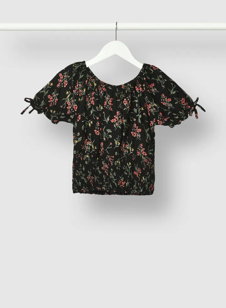 Girls Round Neck Short Sleeve Blouse Jet Black